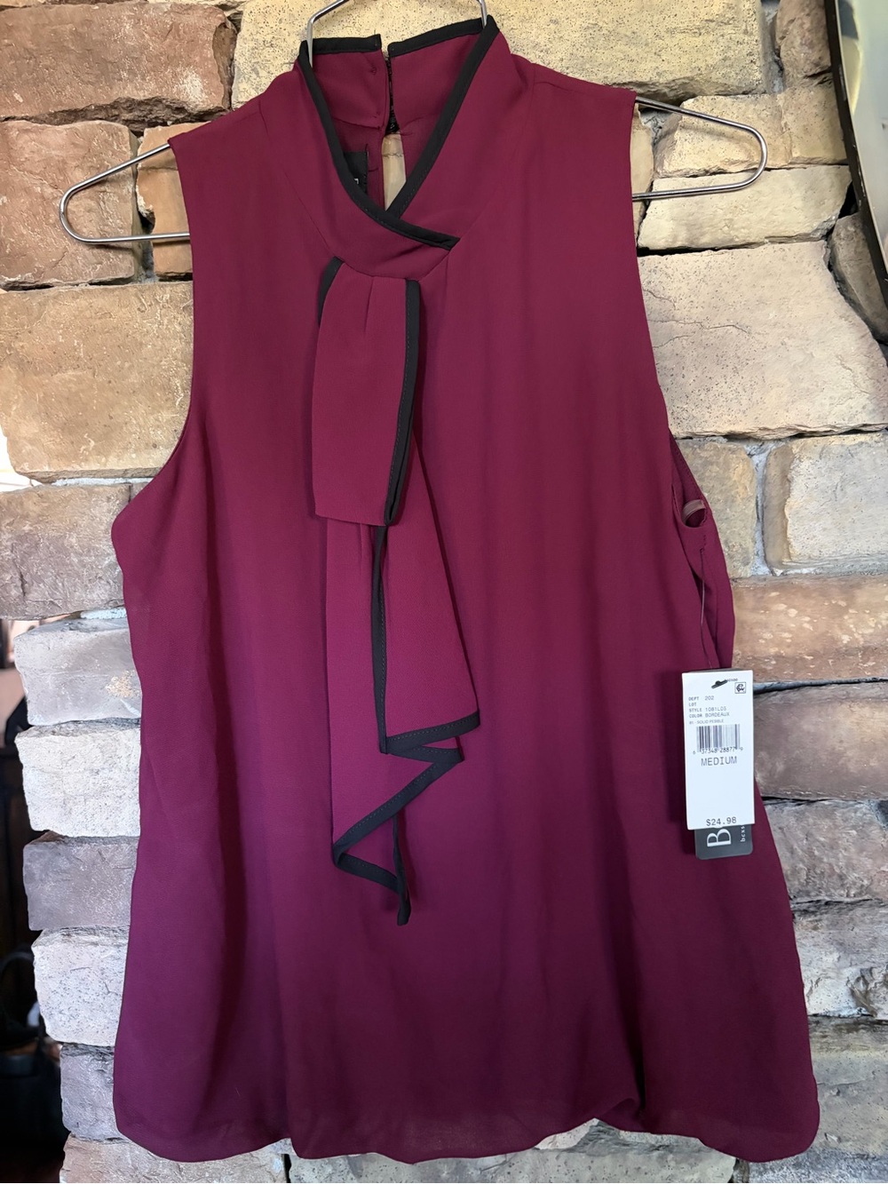 BCX Tie-Neck Blouse in Bordeaux with Black Accent